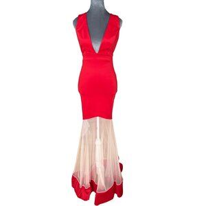 Red Sleeveless Mermaid Gown With Sheer Mesh Detail & Deep V-Neckline